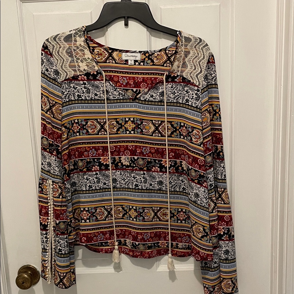 Olsenboye Boho Patterned Blouse Open bell sleeves Lace front shoulders Perfect